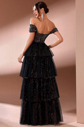 Sparkly Black Off the Shoulder Sequins Tiered Porm Dress with Slit